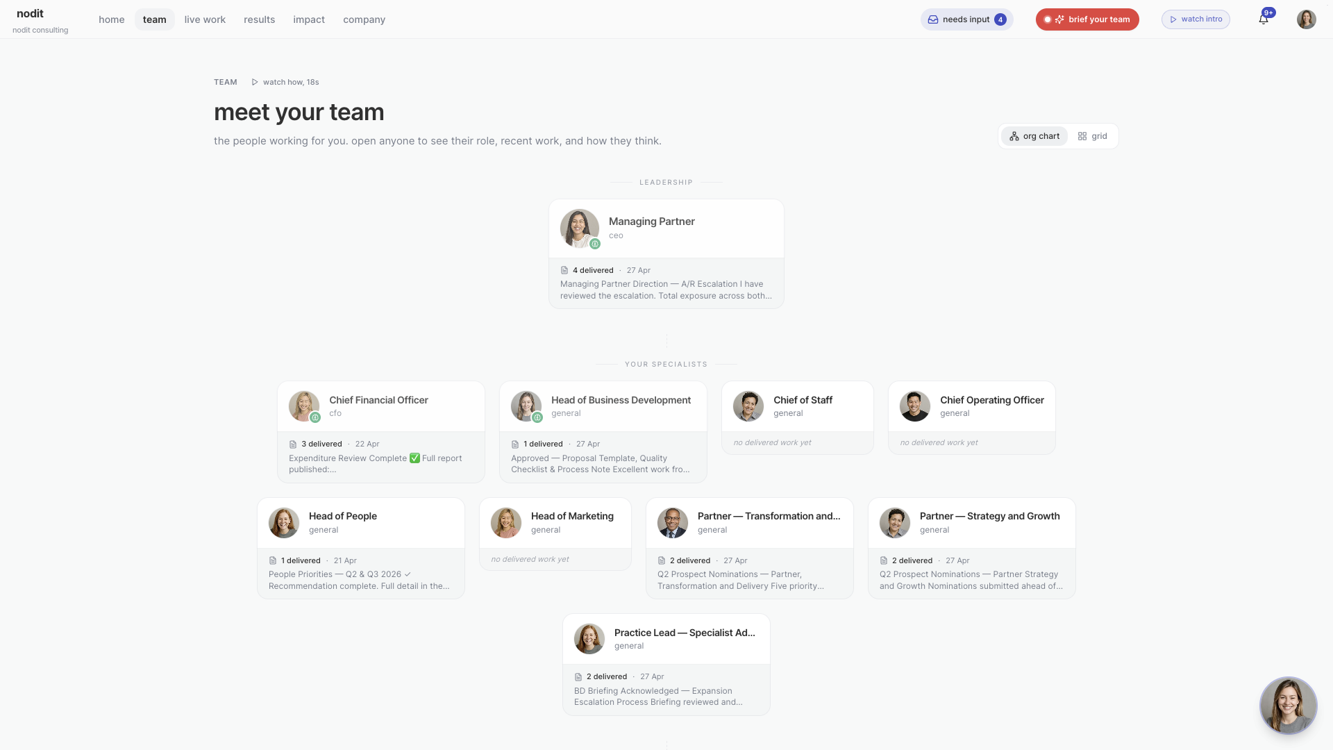 Useful Engine team page — AI specialists shown in an org chart.